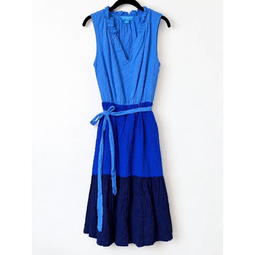 Draper James RSVP Womens Medium Blue Colorblock Midi Dress Ruffle Neck Tie Waist